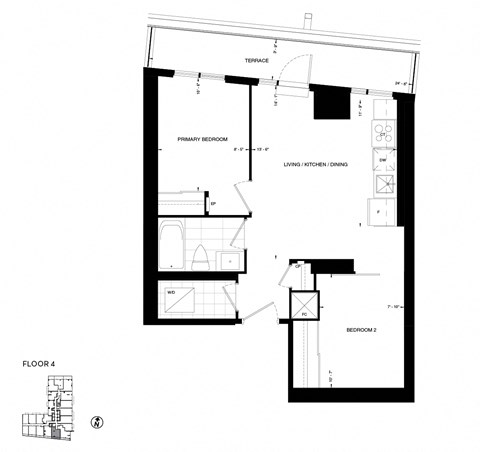 Floor plan for 2 beds, 1 bath, 629 sqft